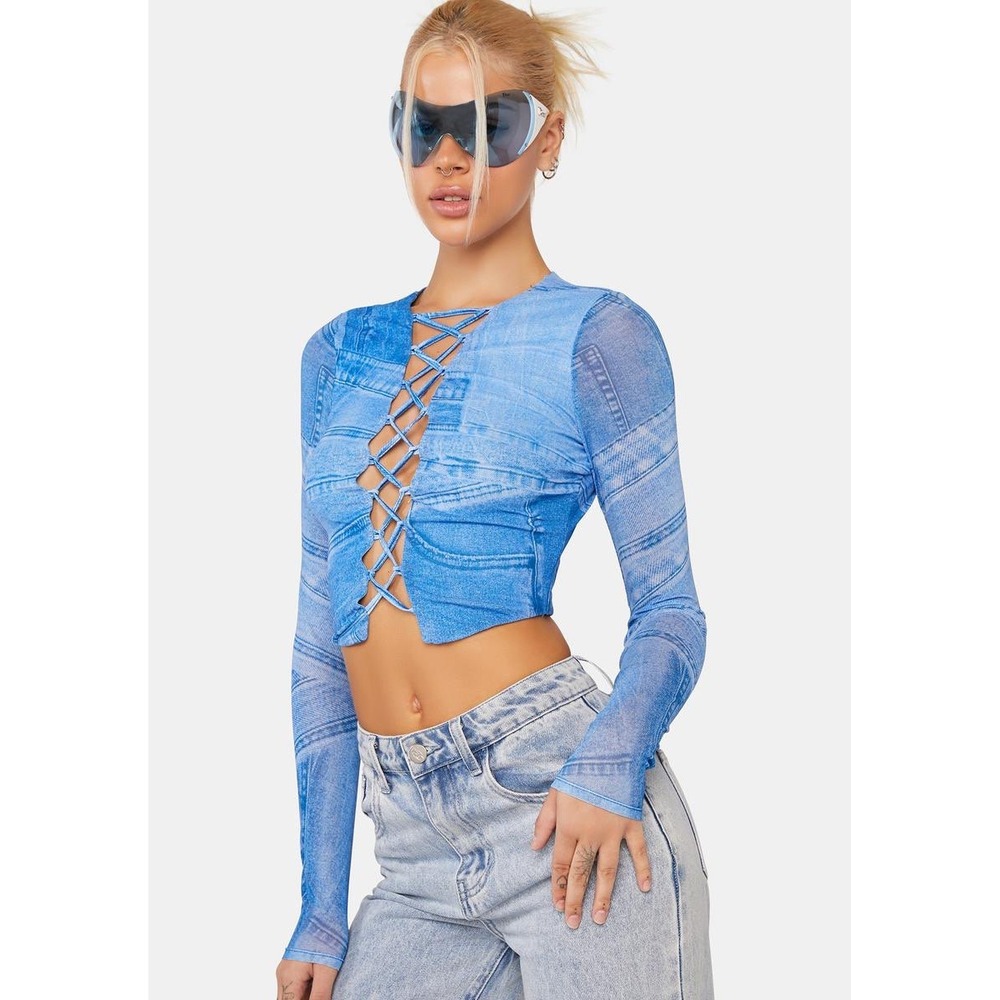 AFRM Aida Lace-Up Top Womens Medium Blue Denim Print Mesh Y2K Long Sleeve EUC